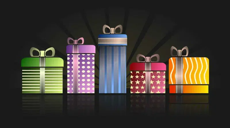 Bunte Geschenkboxen auf schwarzem Hintergrund, Vektor | Preis 1 Gutschrift 1 USD für Weihnachtsgeschenke.