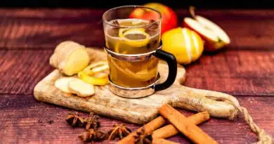 Eine Tasse Glühwein mit Zimtstangen und Äpfeln auf einem Holzbrett.